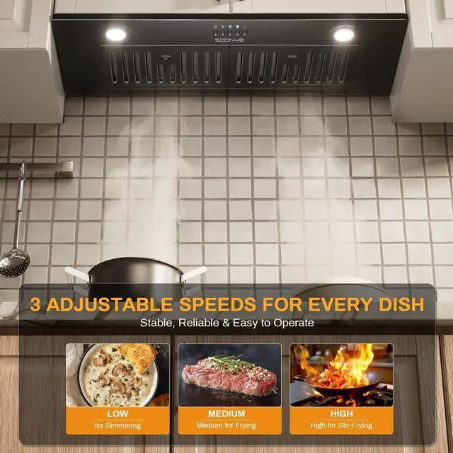 Alt view image 5 of 7 - Range Hood 30 inch, Insert Range Hood 600 CFM Kitchen Vent Stove Hood with 3 Speed Gestures Sensor Touch Control with Remote, Permanent Baffle Filter, Ducted/Ductless Convertible (Black, button)