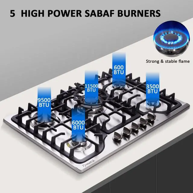 Alt view image 2 of 7 - 30 Inch Gas Cooktop, 5 High Efficiency Burners Gas Stovetop Built-in Stainless Steel Gas Stove Propane/Natural Gas Convertible Gas Hob