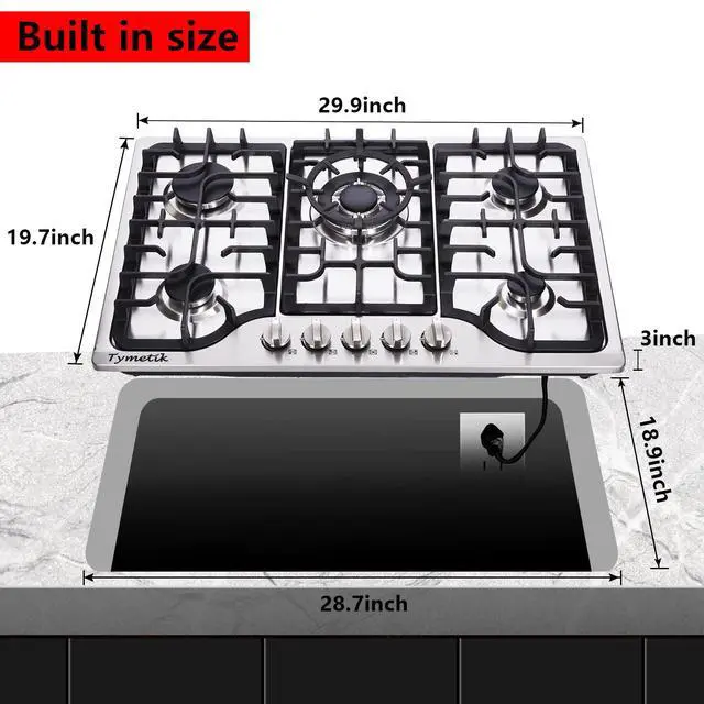 Alt view image 5 of 7 - 30 Inch Gas Cooktop, 5 High Efficiency Burners Gas Stovetop Built-in Stainless Steel Gas Stove Propane/Natural Gas Convertible Gas Hob