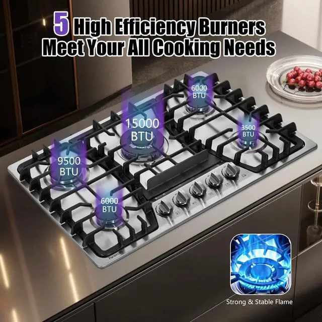 Alt view image 2 of 7 - 30 Inch Gas Cooktop, 5 Burners Built-in Stove Top Stainless Steel Propane/Natural Gas Convertible Sealed Dual Fuel Hob