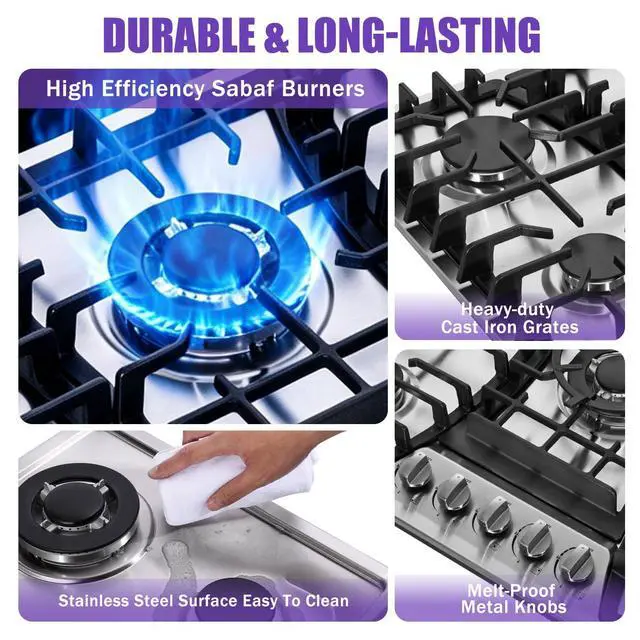 Alt view image 3 of 7 - 30 Inch Gas Cooktop, 5 Burners Built-in Stove Top Stainless Steel Propane/Natural Gas Convertible Sealed Dual Fuel Hob