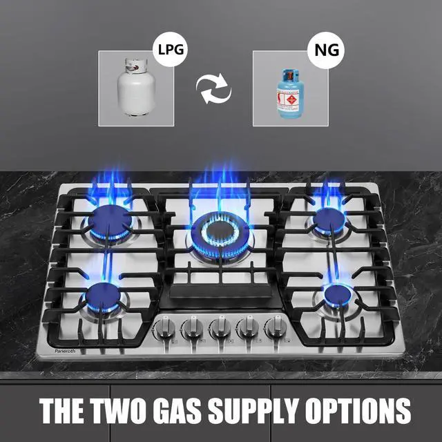 Alt view image 4 of 7 - 30 Inch Gas Cooktop, 5 Burners Built-in Stove Top Stainless Steel Propane/Natural Gas Convertible Sealed Dual Fuel Hob