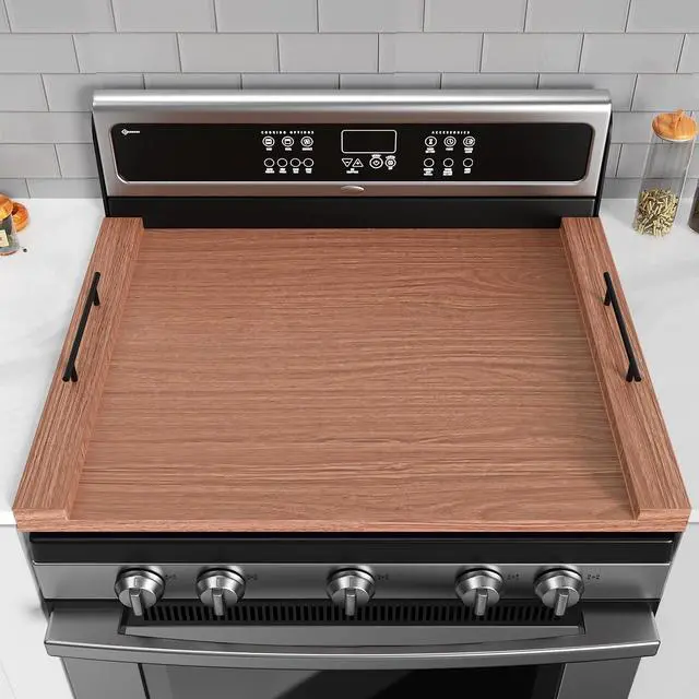 Main image of Walnut-colored Wood Noodle Board Stove Cover with Handles - 30x22 Large Stove Top Covers for Gas Burners, Decorative Wooden Stove Topper for Electric Range, Extra Counter Space for Farmhouse