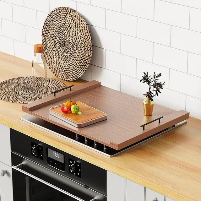 Alt view image 3 of 7 - Walnut-colored Wood Noodle Board Stove Cover with Handles - 30x22 Large Stove Top Covers for Gas Burners, Decorative Wooden Stove Topper for Electric Range, Extra Counter Space for Farmhouse