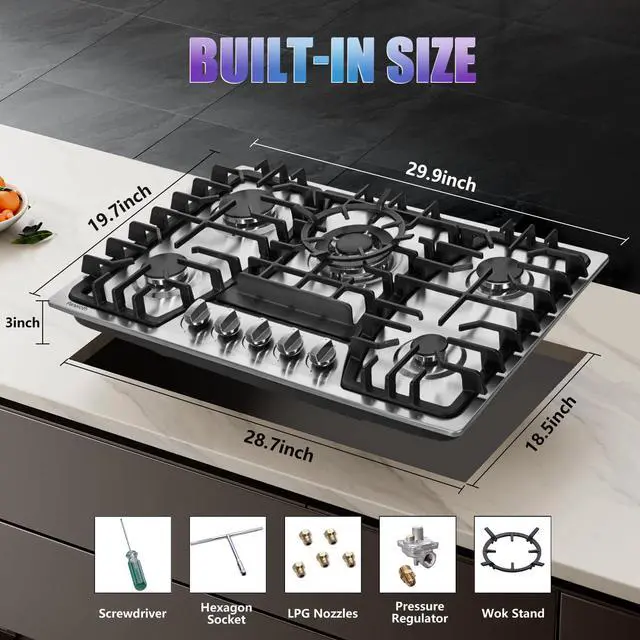 Alt view image 5 of 7 - 30 Inch Gas Cooktop, 5 Burners Built-in Stove Top Stainless Steel Propane/Natural Gas Convertible Sealed Dual Fuel Hob