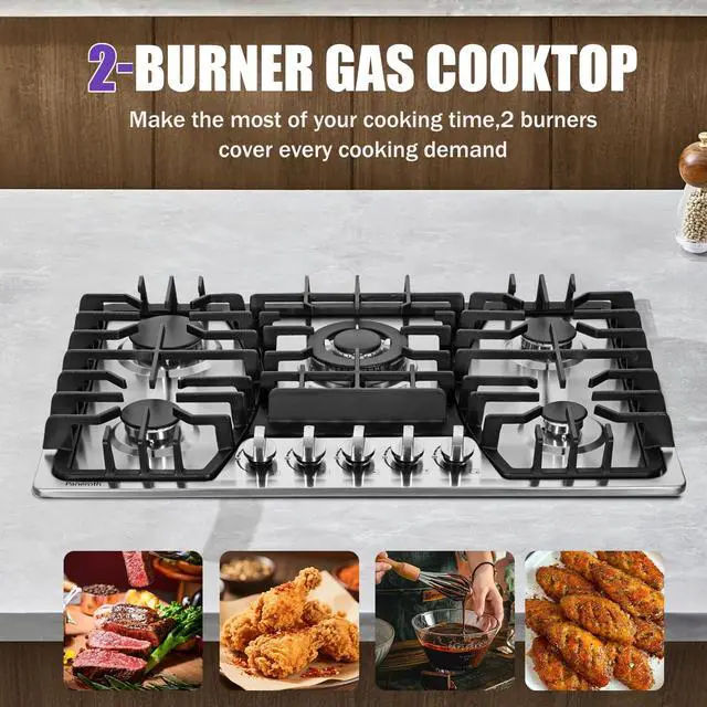 Alt view image 6 of 7 - 30 Inch Gas Cooktop, 5 Burners Built-in Stove Top Stainless Steel Propane/Natural Gas Convertible Sealed Dual Fuel Hob