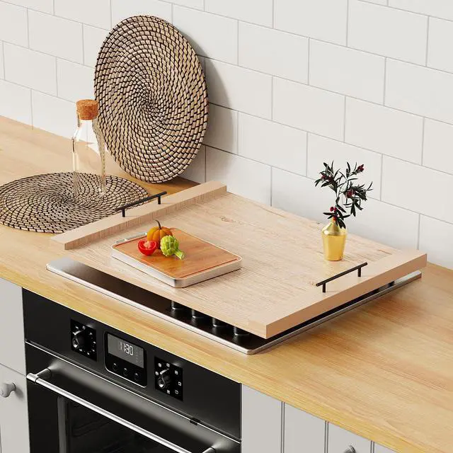 Alt view image 3 of 7 - Oak-colored Wood Noodle Board Stove Cover with Handles - 30x22 inch Stove Top Cover for Gas Burners, Decorative Wooden Stove Topper for Electric Range, Extra Counter Space for Farmhouse Kitchen