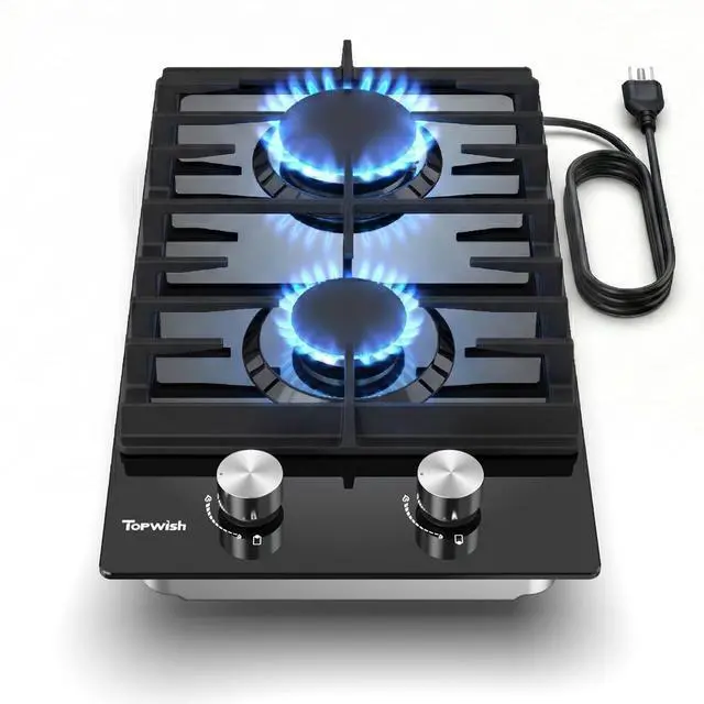 Main image of 12 Inch Gas Cooktop, 2 Burner Propane Stove Black Tempered Glass | LPG/NG Convertible Dual Fuel, Built-in Gas Stove with Thermocouple Protection for Kitchen, Apartment, RV