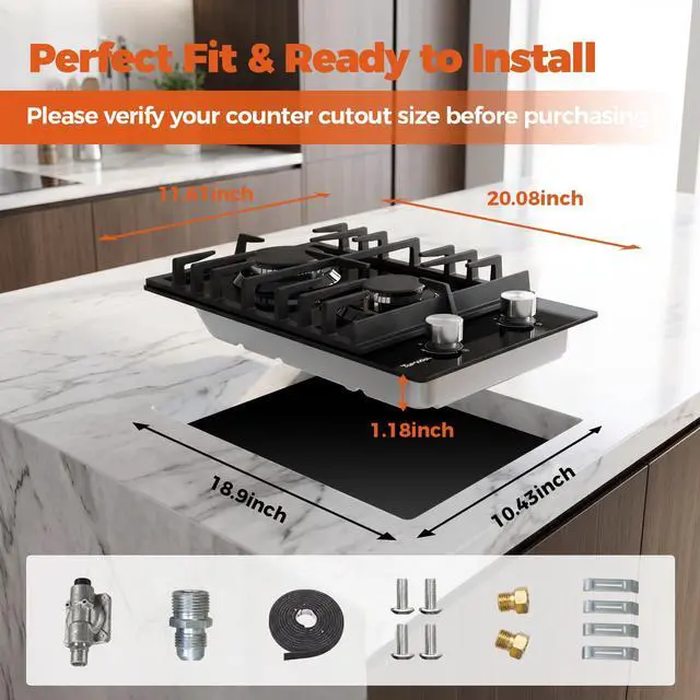 Alt view image 2 of 7 - 12 Inch Gas Cooktop, 2 Burner Propane Stove Black Tempered Glass | LPG/NG Convertible Dual Fuel, Built-in Gas Stove with Thermocouple Protection for Kitchen, Apartment, RV