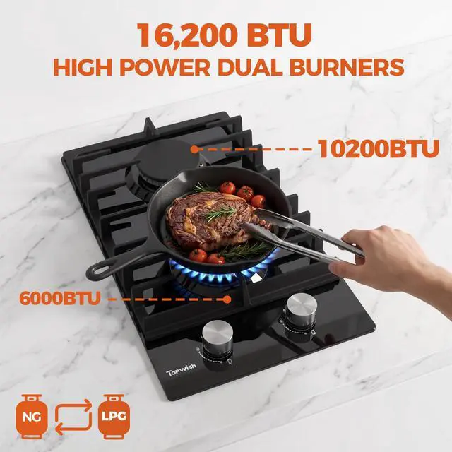 Alt view image 3 of 7 - 12 Inch Gas Cooktop, 2 Burner Propane Stove Black Tempered Glass | LPG/NG Convertible Dual Fuel, Built-in Gas Stove with Thermocouple Protection for Kitchen, Apartment, RV