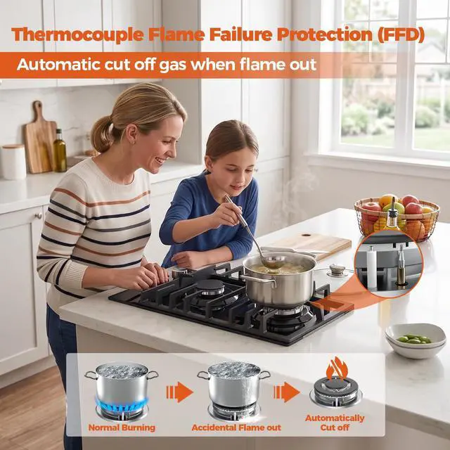 Alt view image 4 of 7 - 12 Inch Gas Cooktop, 2 Burner Propane Stove Black Tempered Glass | LPG/NG Convertible Dual Fuel, Built-in Gas Stove with Thermocouple Protection for Kitchen, Apartment, RV