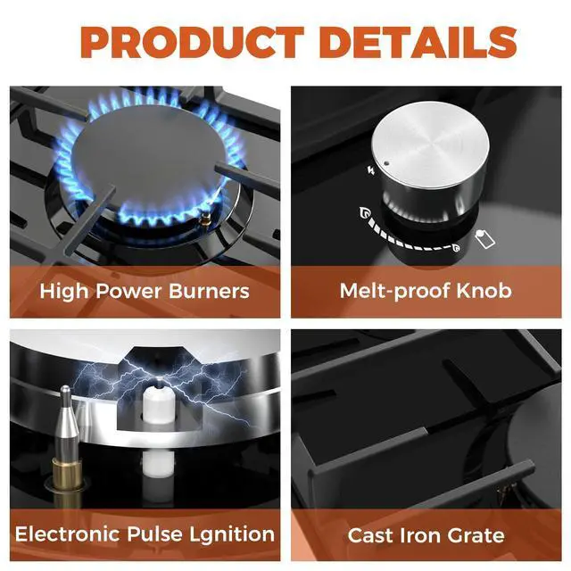 Alt view image 5 of 7 - 12 Inch Gas Cooktop, 2 Burner Propane Stove Black Tempered Glass | LPG/NG Convertible Dual Fuel, Built-in Gas Stove with Thermocouple Protection for Kitchen, Apartment, RV