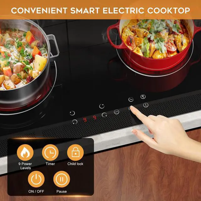 Alt view image 2 of 7 - 24 Inch Electric Cooktop 4 Burners, Built in Electric stove top 24" | Sensor Touch Radiant Ceramic Cooktop, Safety Lock, Timer, Black Smooth Glass, 6000W High Power, 220~240V Hardwire, No Plug