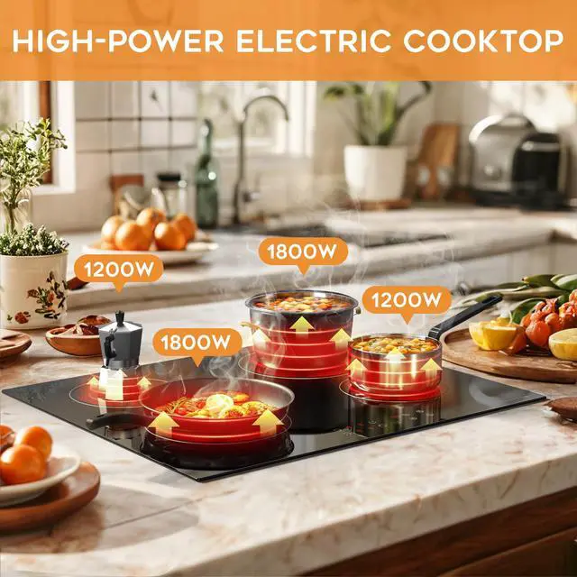 Alt view image 3 of 7 - 24 Inch Electric Cooktop 4 Burners, Built in Electric stove top 24" | Sensor Touch Radiant Ceramic Cooktop, Safety Lock, Timer, Black Smooth Glass, 6000W High Power, 220~240V Hardwire, No Plug