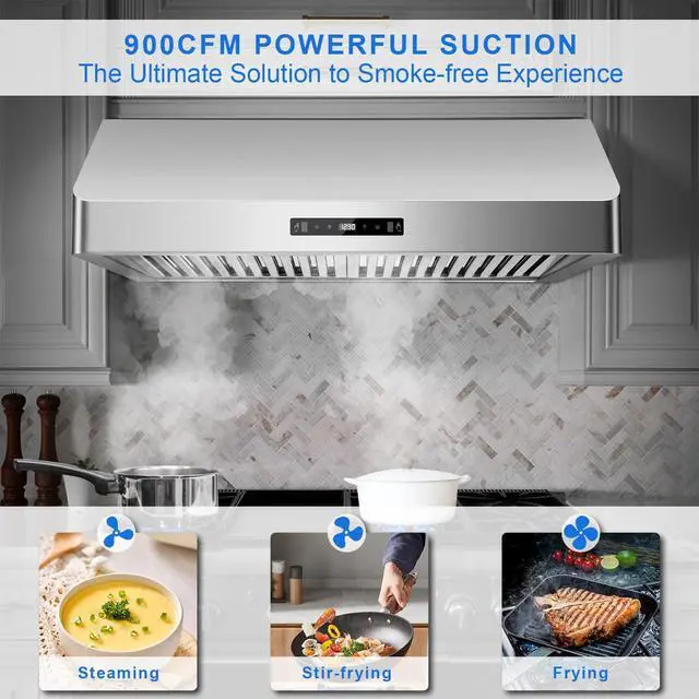 Alt view image 2 of 7 - Under Cabinet Range Hood 30 inch, 900 CFM, Remote Control, Time Setting | Ductless convertible duct, stainless steel, 3-speed fan, Gesture Control, dishwasher safe baffle filters, kitchen vent hood