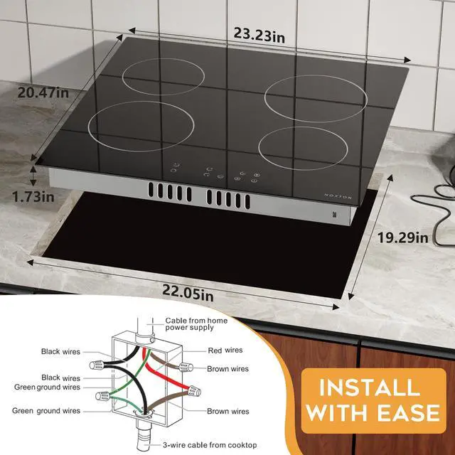 Alt view image 7 of 7 - 24 Inch Electric Cooktop 4 Burners, Built in Electric stove top 24" | Sensor Touch Radiant Ceramic Cooktop, Safety Lock, Timer, Black Smooth Glass, 6000W High Power, 220~240V Hardwire, No Plug