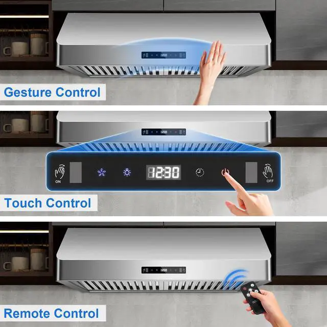 Alt view image 3 of 7 - Under Cabinet Range Hood 30 inch, 900 CFM, Remote Control, Time Setting | Ductless convertible duct, stainless steel, 3-speed fan, Gesture Control, dishwasher safe baffle filters, kitchen vent hood