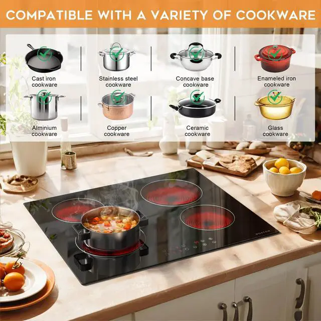Alt view image 5 of 7 - 24 Inch Electric Cooktop 4 Burners, Built in Electric stove top 24" | Sensor Touch Radiant Ceramic Cooktop, Safety Lock, Timer, Black Smooth Glass, 6000W High Power, 220~240V Hardwire, No Plug