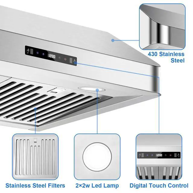 Alt view image 6 of 7 - Under Cabinet Range Hood 30 inch, 900 CFM, Remote Control, Time Setting | Ductless convertible duct, stainless steel, 3-speed fan, Gesture Control, dishwasher safe baffle filters, kitchen vent hood