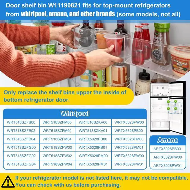 Alt view image 3 of 7 - W11190821, W10805889 Door Shelf Bin Compatible with whirlpool, amana etc refrigerator(some models): WRT518SZFM00, WRT518SZFM02 etc, Door Bin Replacement W10805890, 4547029, AP6286731, PS12348848