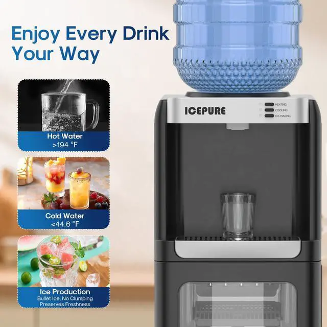 Alt view image 5 of 7 - Water Cooler Dispenser with Build-in Ice Maker, Hot and Cold Water Dispenser with Bullet Ice Maker, 33lbs/24H, Child-Lock,Top Loading