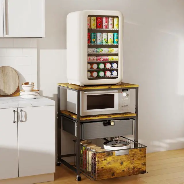 Main image of 4-Tier Mini Fridge Stand with Storage - Height Adjustable 33"-39" Rolling Refrigerator Cabinet, Heavy Duty 21.6X 22.8in Fridge Cart with Wheels, Sturdy Metal Frame for Dorm, Apartment, Brown