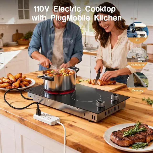 Alt view image 2 of 7 - 2 Burner Electric Cooktop 110V, Plug in Electric Stove Top Burner 2000W, Cooktop Knob Controls, 12 Inch Countertop & Built-In Portable Kitchen Cooktop, 9 Power Levels, Residual Heat Warnings