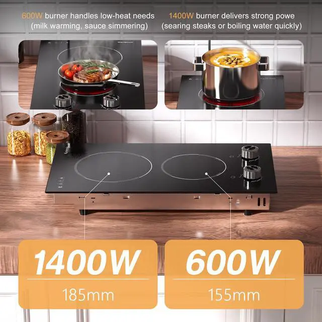 Alt view image 3 of 7 - 2 Burner Electric Cooktop 110V, Plug in Electric Stove Top Burner 2000W, Cooktop Knob Controls, 12 Inch Countertop & Built-In Portable Kitchen Cooktop, 9 Power Levels, Residual Heat Warnings