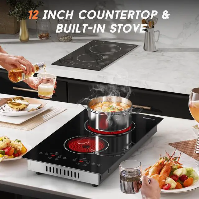 Alt view image 2 of 6 - 2 Burner Electric Cooktop, 110v Electric Stove with Plug, 12 Inch Countertop & Built-In Portable Electric Stove, 9 Levels of Power, 2000W, Touch Control, Safety Lock, Timer, Pause Function