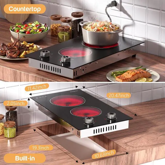 Alt view image 5 of 7 - 2 Burner Electric Cooktop 110V, Plug in Electric Stove Top Burner 2000W, Cooktop Knob Controls, 12 Inch Countertop & Built-In Portable Kitchen Cooktop, 9 Power Levels, Residual Heat Warnings