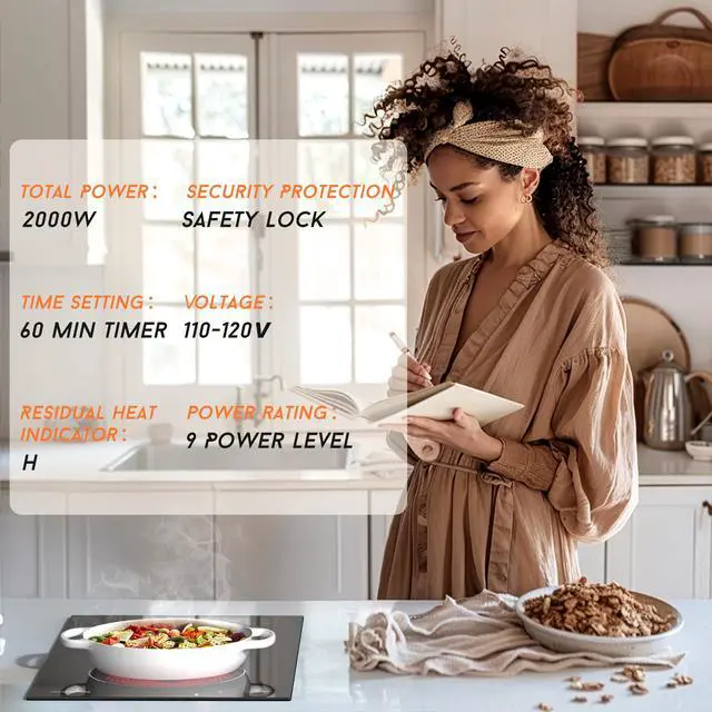 Alt view image 3 of 6 - 2 Burner Electric Cooktop, 110v Electric Stove with Plug, 12 Inch Countertop & Built-In Portable Electric Stove, 9 Levels of Power, 2000W, Touch Control, Safety Lock, Timer, Pause Function
