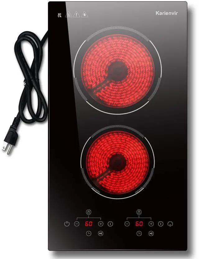 Main image of 2 Burner Electric Cooktop, 110v Electric Stove with Plug, 12 Inch Countertop & Built-In Portable Electric Stove, 9 Levels of Power, 2000W, Touch Control, Safety Lock, Timer, Pause Function