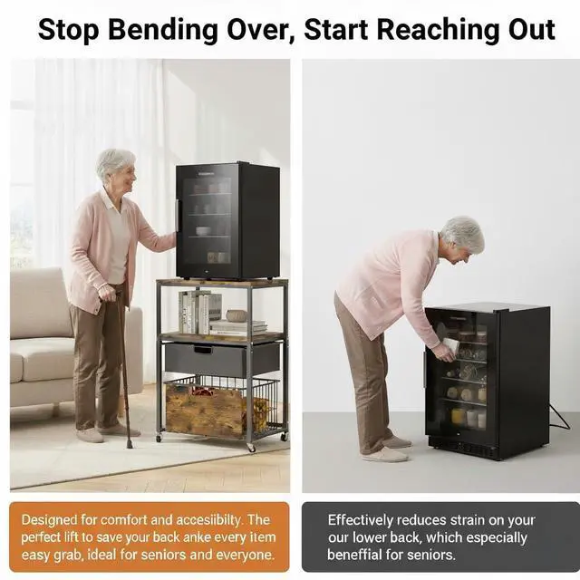 Alt view image 3 of 7 - 4-Tier Mini Fridge Stand with Storage - Height Adjustable 33"-39" Rolling Refrigerator Cabinet, Heavy Duty 21.6X 22.8in Fridge Cart with Wheels, Sturdy Metal Frame for Dorm, Apartment, Brown