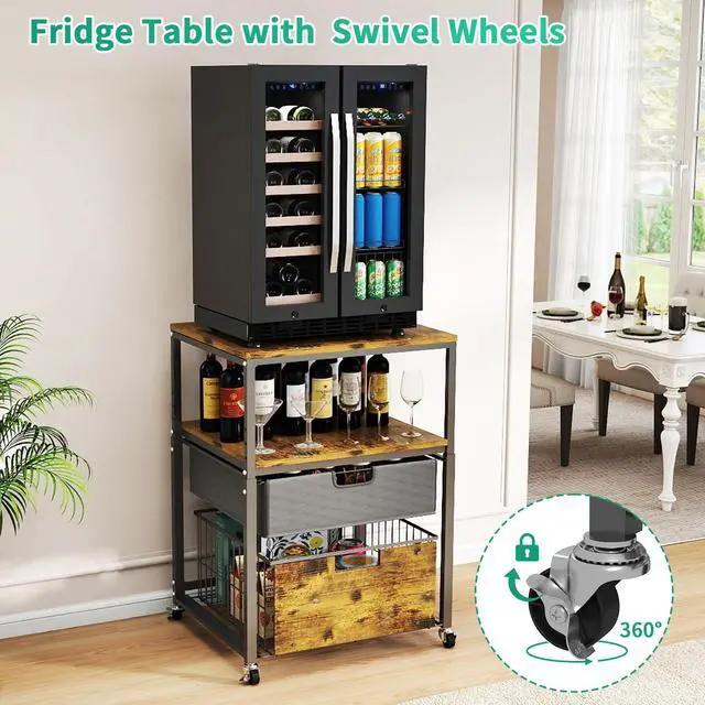 Alt view image 5 of 7 - 4-Tier Mini Fridge Stand with Storage - Height Adjustable 33"-39" Rolling Refrigerator Cabinet, Heavy Duty 21.6X 22.8in Fridge Cart with Wheels, Sturdy Metal Frame for Dorm, Apartment, Brown