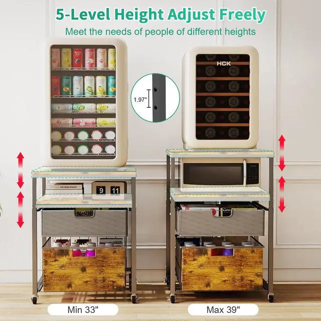 Alt view image 6 of 7 - 4-Tier Mini Fridge Stand with Storage - Height Adjustable 33"-39" Rolling Refrigerator Cabinet, Heavy Duty 21.6X 22.8in Fridge Cart with Wheels, Sturdy Metal Frame for Dorm, Apartment, Brown