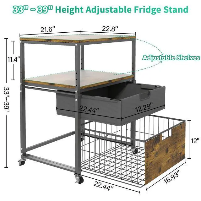 Alt view image 7 of 7 - 4-Tier Mini Fridge Stand with Storage - Height Adjustable 33"-39" Rolling Refrigerator Cabinet, Heavy Duty 21.6X 22.8in Fridge Cart with Wheels, Sturdy Metal Frame for Dorm, Apartment, Brown