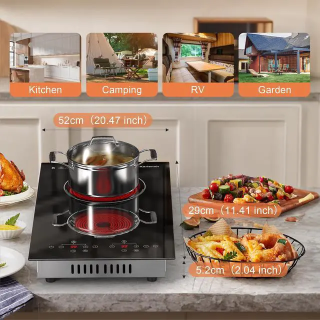 Alt view image 6 of 6 - 2 Burner Electric Cooktop, 110v Electric Stove with Plug, 12 Inch Countertop & Built-In Portable Electric Stove, 9 Levels of Power, 2000W, Touch Control, Safety Lock, Timer, Pause Function