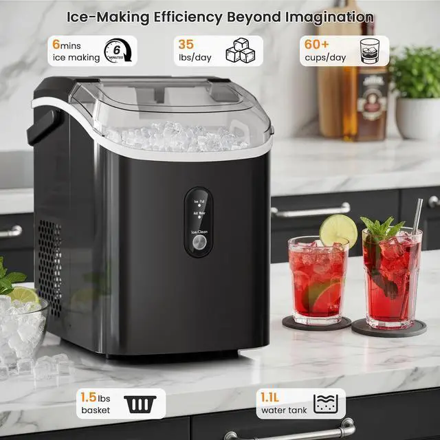 Alt view image 3 of 7 - Soft Chewable Nugget Ice Maker, 35Lbs/24Hrs, Self-Cleaning Countertop Pebble Ice Machine with Basket & Scoop for Home, Bar, or Entertaining,Black