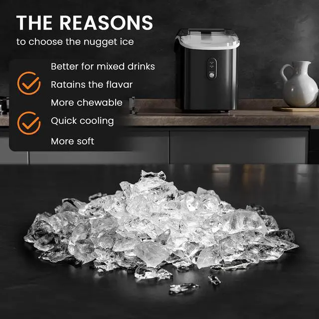 Alt view image 4 of 7 - Soft Chewable Nugget Ice Maker, 35Lbs/24Hrs, Self-Cleaning Countertop Pebble Ice Machine with Basket & Scoop for Home, Bar, or Entertaining,Black