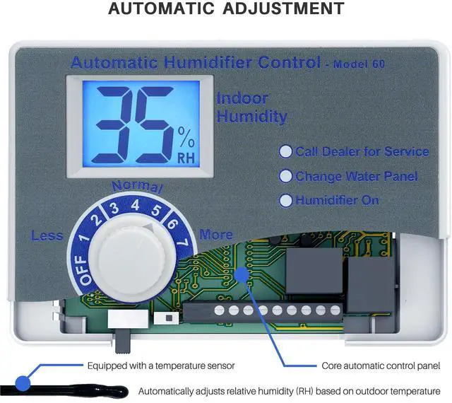Alt view image 2 of 7 - 60 Whole House Humidifier Control Humidistat with Outdoor Temperature Sensor, Compatible with 400, 500, 600, 700, Automatic Digital Whole House Humidifiers, 24VAC
