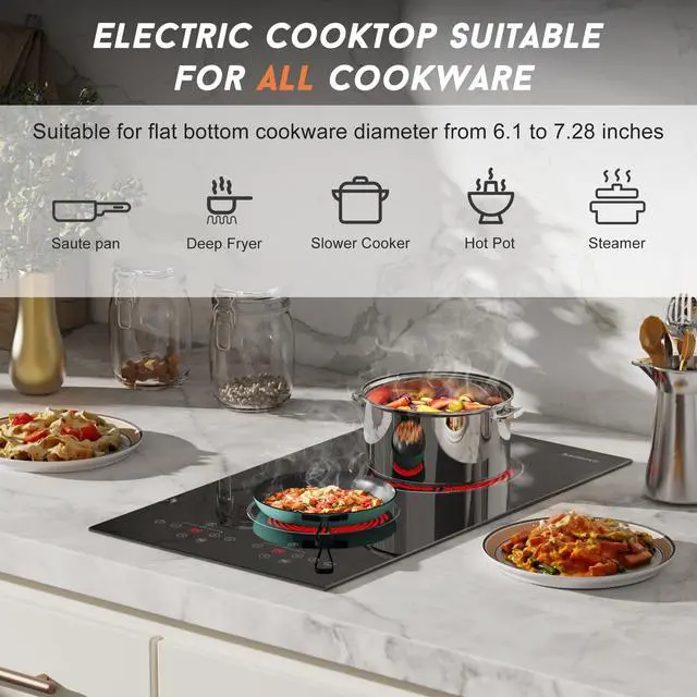 Alt view image 5 of 6 - 2 Burner Electric Cooktop, 110v Electric Stove with Plug, 12 Inch Countertop & Built-In Portable Electric Stove, 9 Levels of Power, 2000W, Touch Control, Safety Lock, Timer, Pause Function