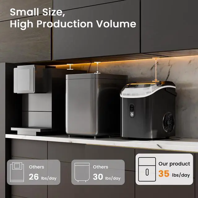 Alt view image 5 of 7 - Soft Chewable Nugget Ice Maker, 35Lbs/24Hrs, Self-Cleaning Countertop Pebble Ice Machine with Basket & Scoop for Home, Bar, or Entertaining,Black