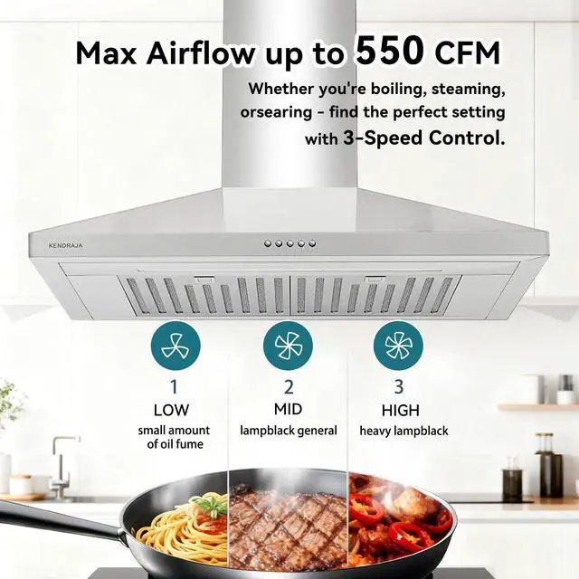 Alt view image 2 of 7 - 30 Inch(758mm) Wall Mount Range Hood, 550 CFM Stainless Steel Chimney Vent Hood, Ducted/Ductless Convertible, 3-Speed Push Button Control, Dishwasher-Safe Filters, LED Strip Light