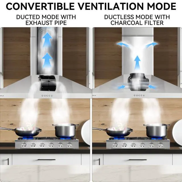 Alt view image 4 of 7 - 36 Inch Wall Mount Range Hood, 700 CFM Stainless Steel Chimney Vent Hood, Ducted/Ductless Convertible, 3-Speed Push Button Control, Dishwasher-Safe Filters, LED Strip Light