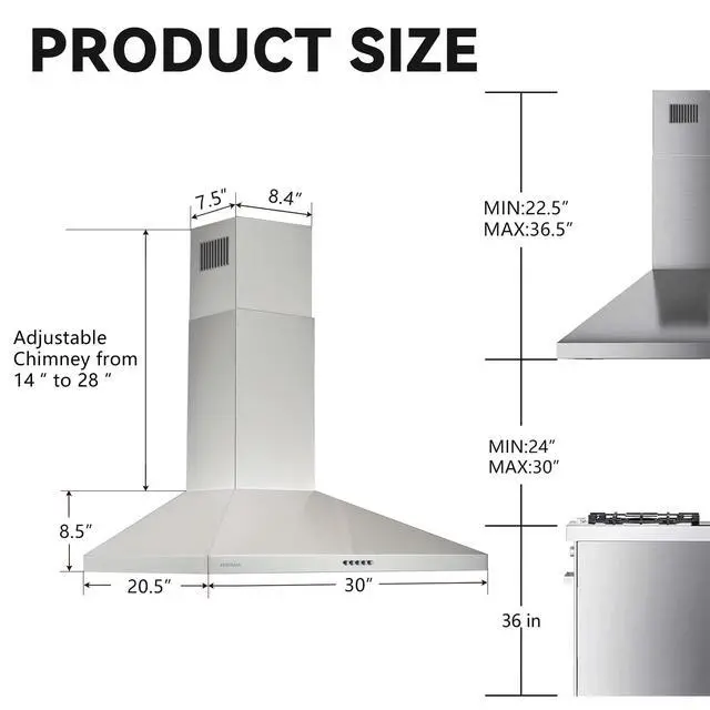 Alt view image 3 of 7 - 30 Inch(758mm) Wall Mount Range Hood, 550 CFM Stainless Steel Chimney Vent Hood, Ducted/Ductless Convertible, 3-Speed Push Button Control, Dishwasher-Safe Filters, LED Strip Light