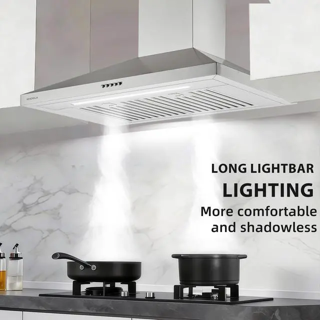 Alt view image 6 of 7 - 30 Inch(758mm) Wall Mount Range Hood, 550 CFM Stainless Steel Chimney Vent Hood, Ducted/Ductless Convertible, 3-Speed Push Button Control, Dishwasher-Safe Filters, LED Strip Light