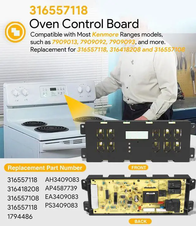 Alt view image 2 of 7 - 316557118 Range Oven Control Board - Replacement for Kenmore Range Clock Timer 316418208 316557108, 120V, 60 Hz, Electronic Clock/Timer Display