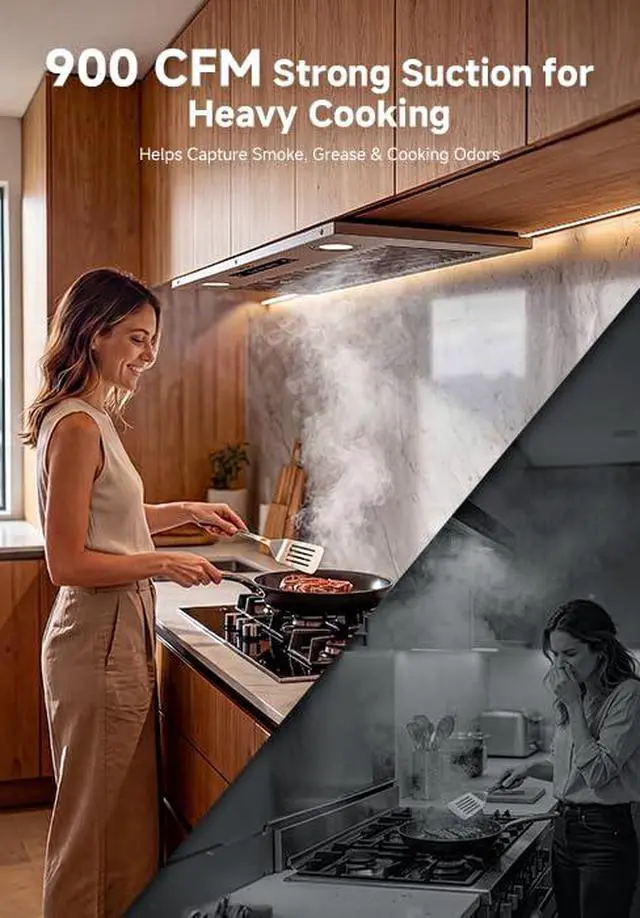 Alt view image 2 of 7 - 30 Inch Range Hood Insert 900 CFM Stainless Steel Vent Hood | Built-in Stainless Steel Vent Hood with Touch/Remote/Gesture Control, timer, LED lights & dishwasher-safe baffle filters