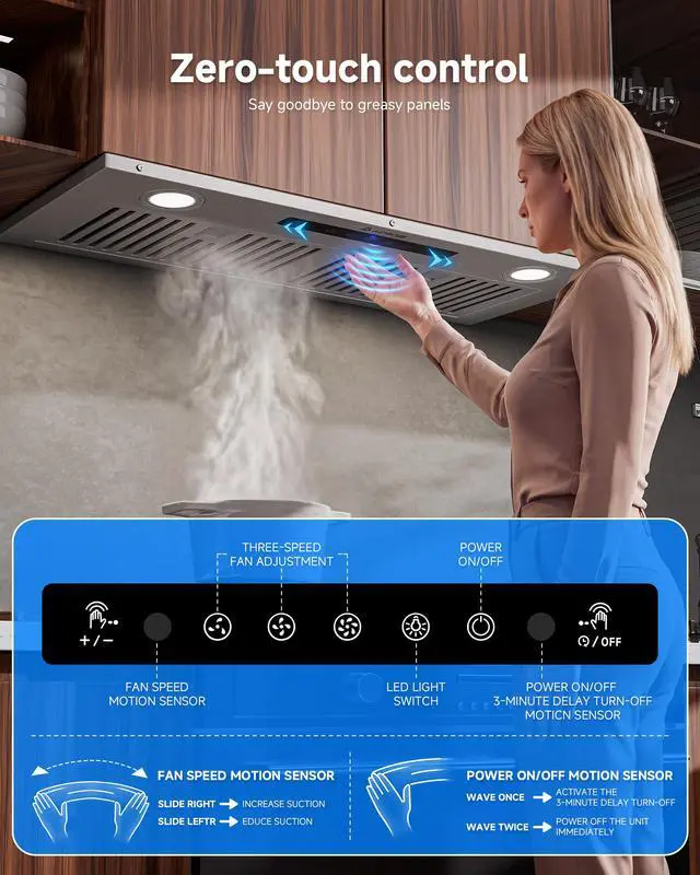 Alt view image 3 of 7 - 30 Inch Range Hood Insert 900 CFM Stainless Steel Vent Hood | Built-in Stainless Steel Vent Hood with Touch/Remote/Gesture Control, timer, LED lights & dishwasher-safe baffle filters