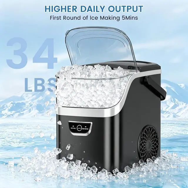 Alt view image 4 of 7 - Nugget Ice Maker Countertop,34Lbs/24H,Ready in 5 Mins,Black | Ice Machine with Handle, Auto-Cleaning Portable Pebble Ice Maker, Removable Top Cover, Basket & Scoop for Home Kitchen RV